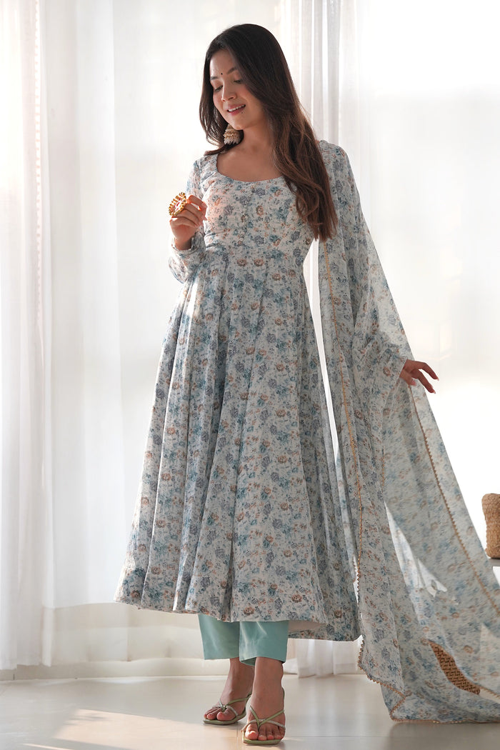 Sky White Organza Floral Printed Anarkali Set