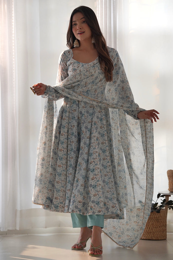 Sky White Organza Floral Printed Anarkali Set