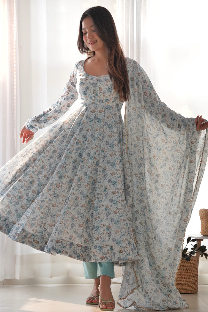 Sky White Organza Floral Printed Anarkali Set