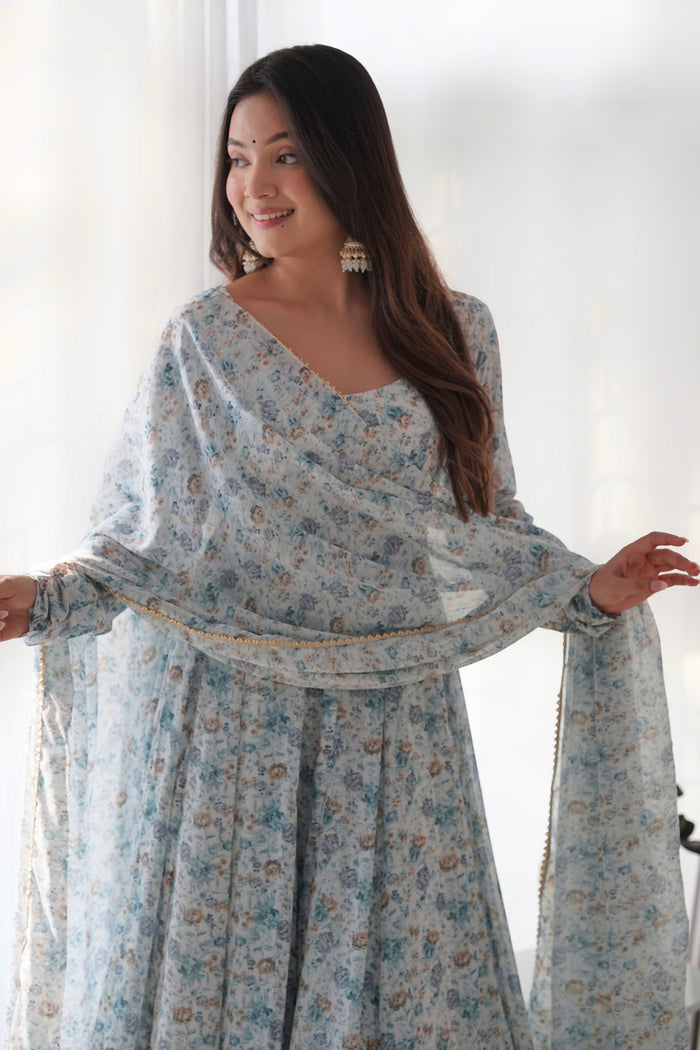 Sky White Organza Floral Printed Anarkali Set