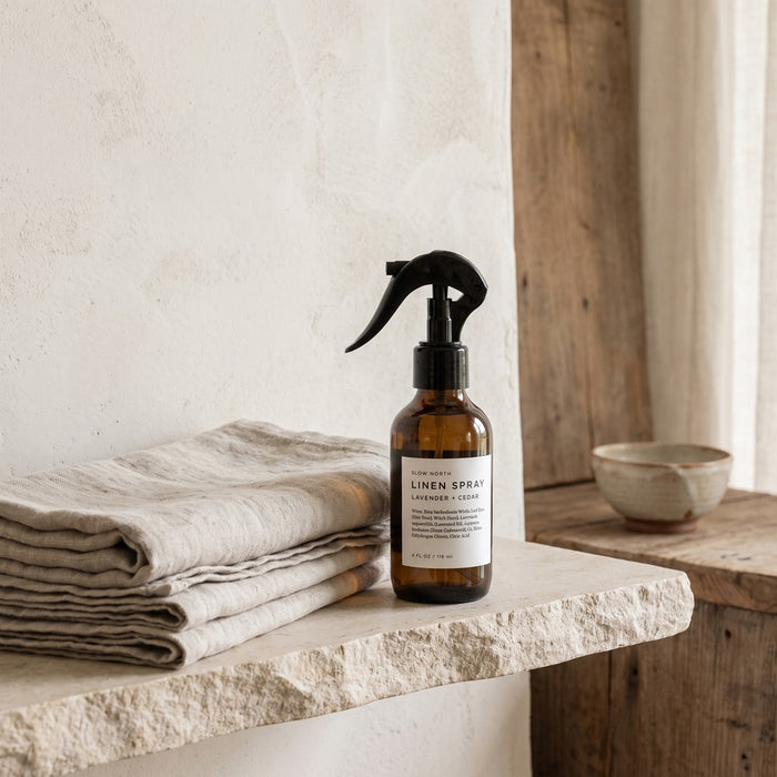 Slow North Linen Spray, Lavender + Cedar 4 oz, styled at home