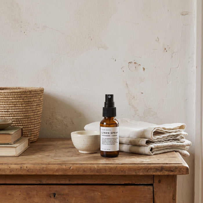 Slow North Linen Spray, Lavender + Cedar 1 oz, styled at home