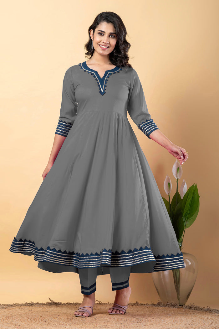 Smokey Gray Rayon Gota Work Anarkali Set