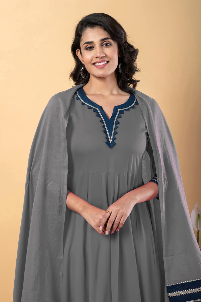 Smokey Gray Rayon Gota Work Anarkali Set