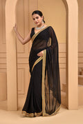 <img> Smooth Black Georgette Saree With Lace Work Border
