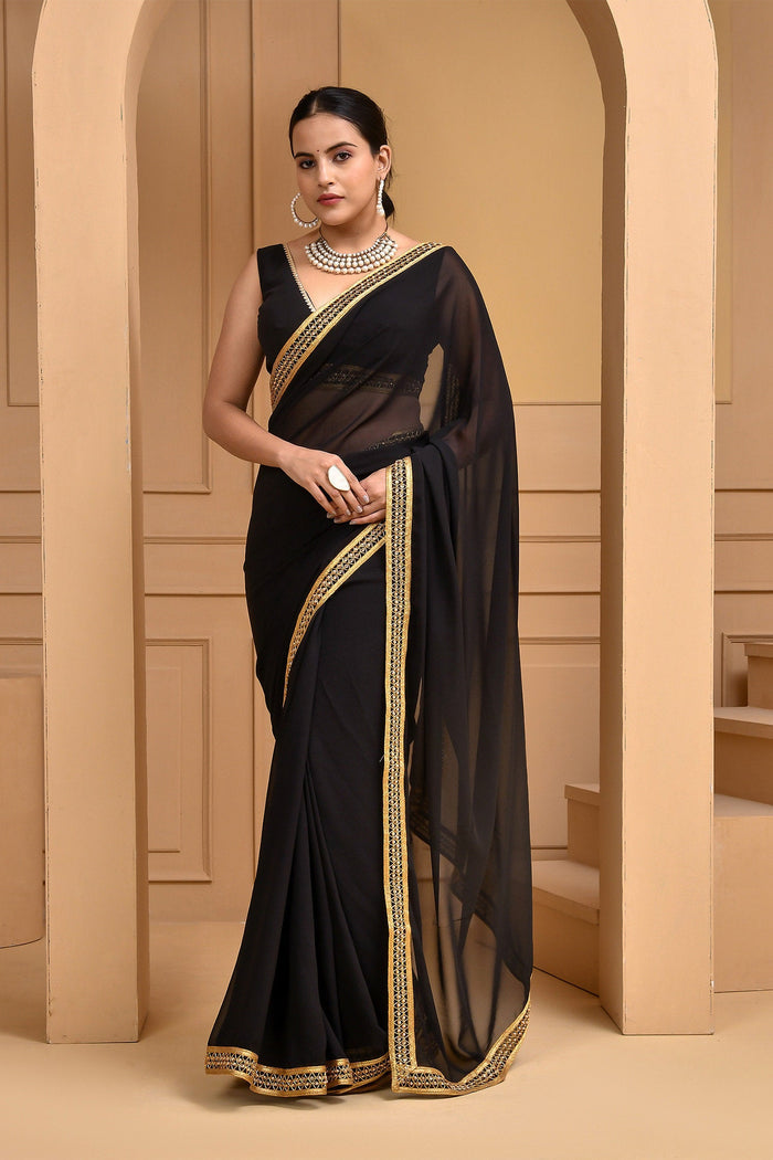 <img> Smooth Black Georgette Saree With Lace Work Border