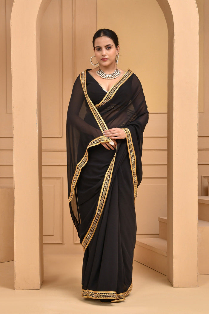 <img> Smooth Black Georgette Saree With Lace Work Border