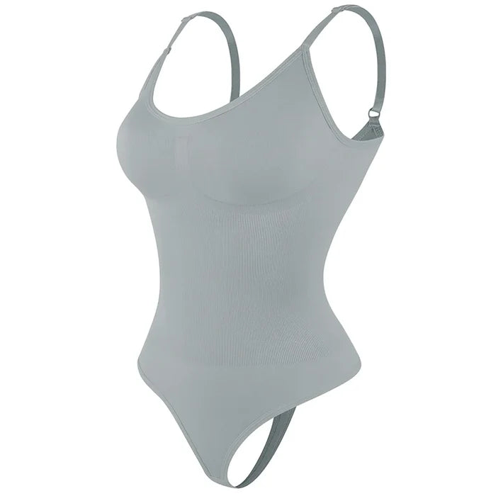 Gray seamless firm-control cupless thong smoothing shapewear bodysuit