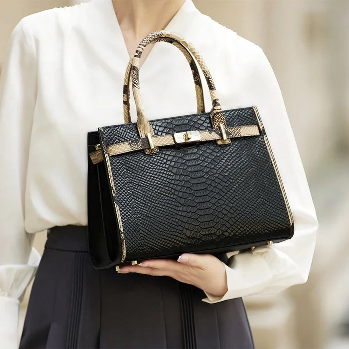 Black snake skin cow leather business tote iPad executive genuine leather FTF Market UK