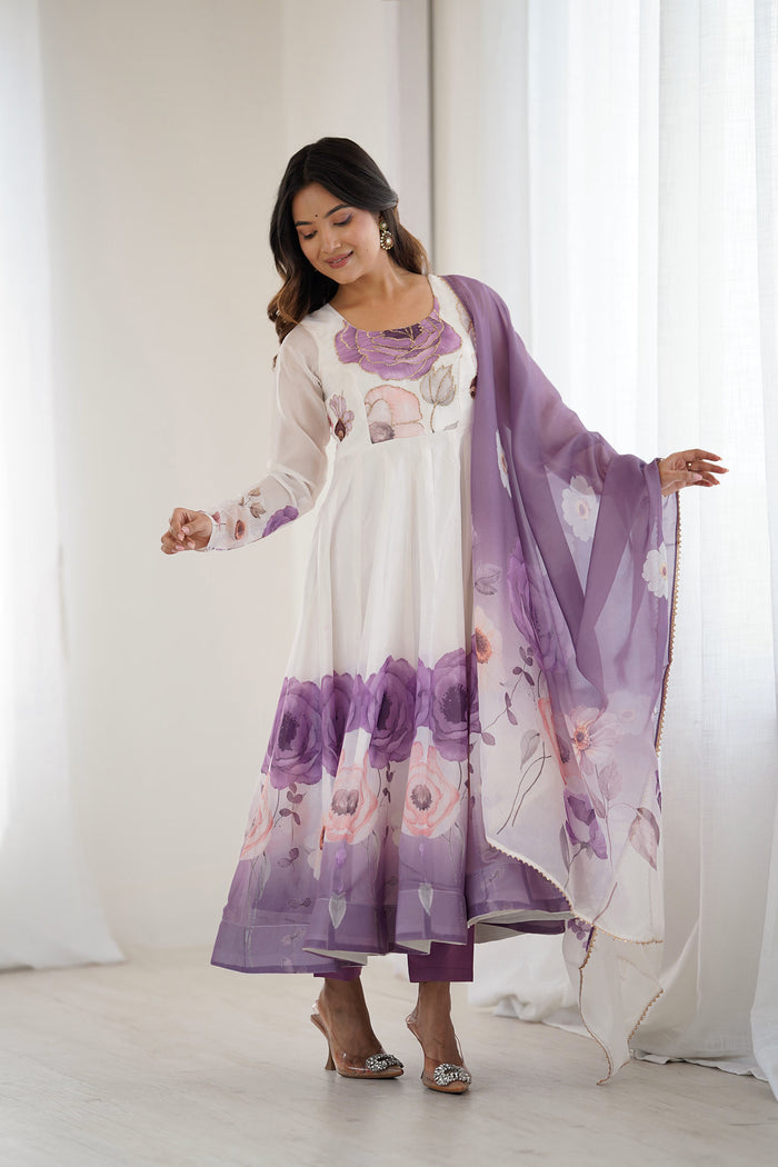 Snow White Organza Floral Printed Anarkali Set