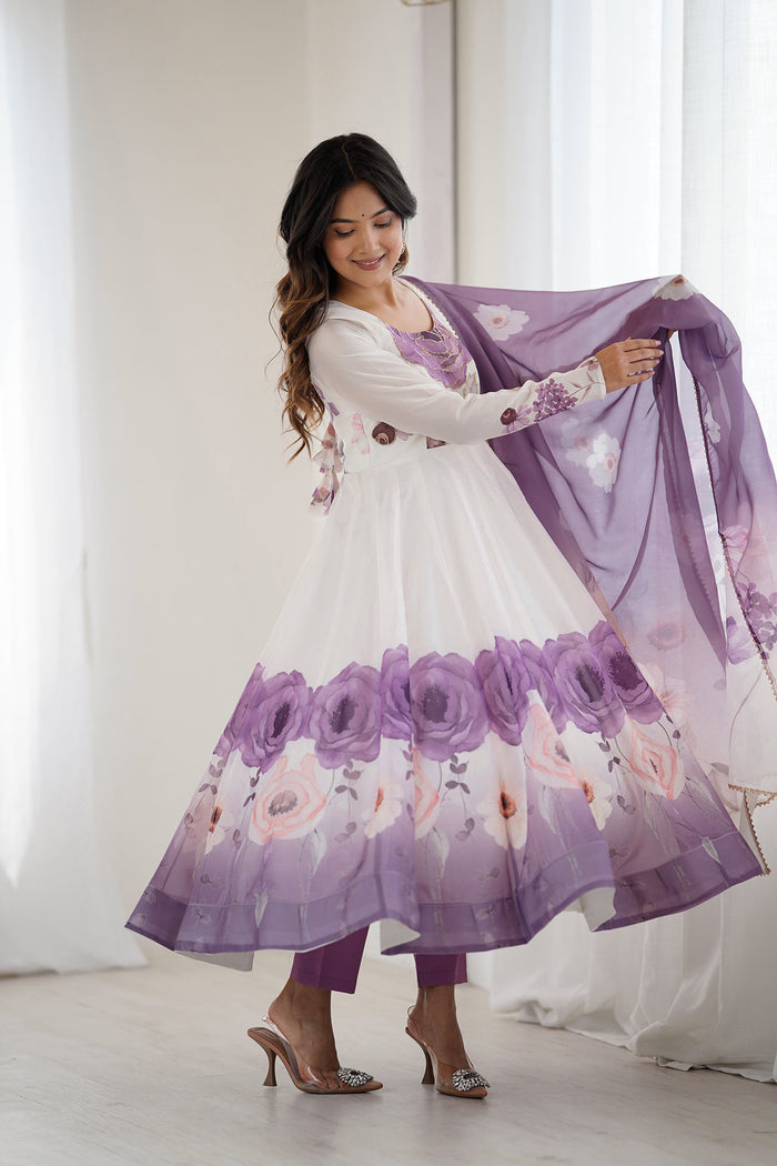 Snow White Organza Floral Printed Anarkali Set