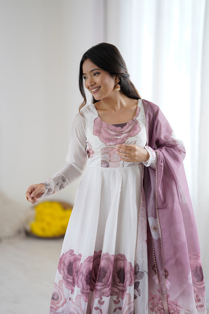 Snow White Organza Floral Printed Anarkali Set