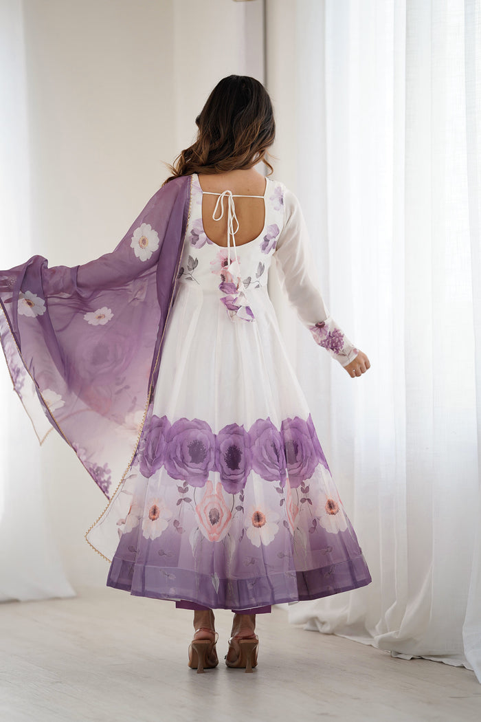 Snow White Organza Floral Printed Anarkali Set
