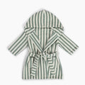 A hooded bathrobe with long sleeves and a self-tie belt, featuring vertical stripes in sage green and cream, shown against a plain white background.