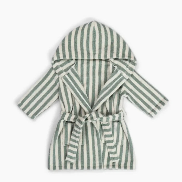A hooded bathrobe with long sleeves and a self-tie belt, featuring vertical stripes in sage green and cream, shown against a plain white background.