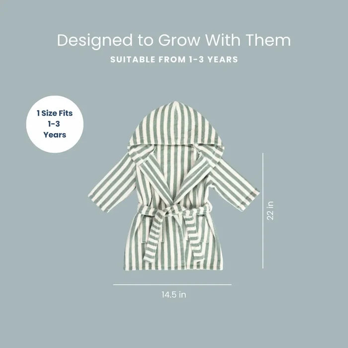 Striped children's robe with size and age suitability information on a gray background