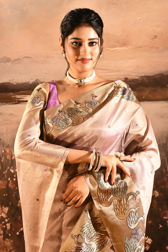 Soft Baby Blush Pink With Buttis And Swan Highlighted Border Tissue Saree