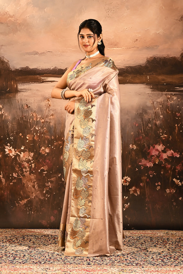 Soft Baby Blush Pink With Buttis And Swan Highlighted Border Tissue Saree