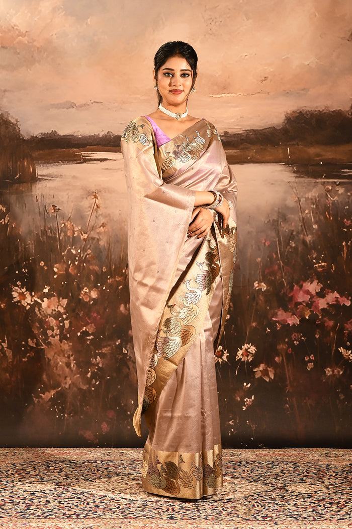 Soft Baby Blush Pink With Buttis And Swan Highlighted Border Tissue Saree