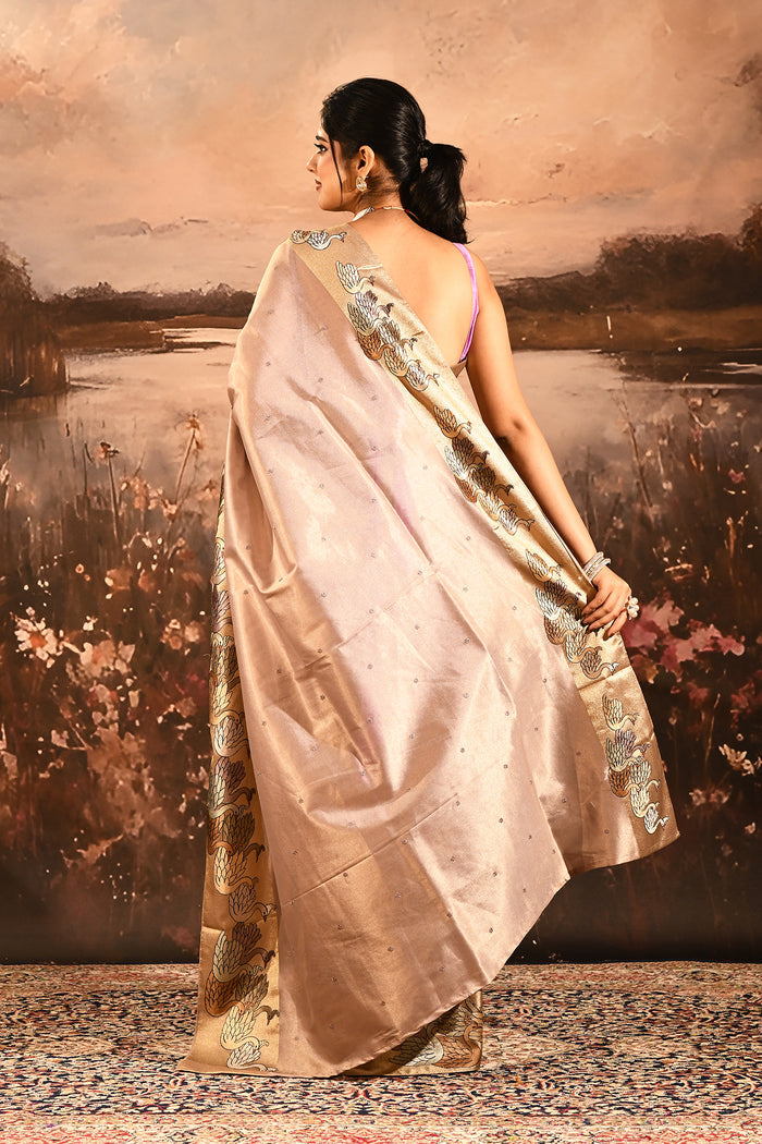 Soft Baby Blush Pink With Buttis And Swan Highlighted Border Tissue Saree
