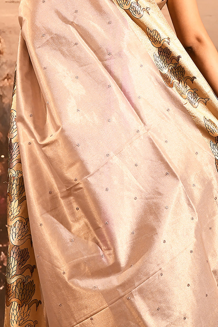 Soft Baby Blush Pink With Buttis And Swan Highlighted Border Tissue Saree