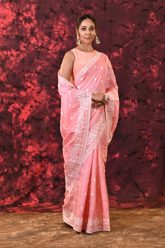 Soft Baby Pink Floral Silk Blend Saree