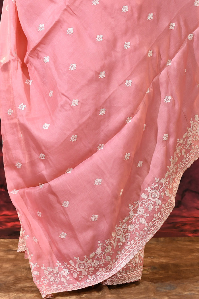 Soft Baby Pink Floral Silk Blend Saree