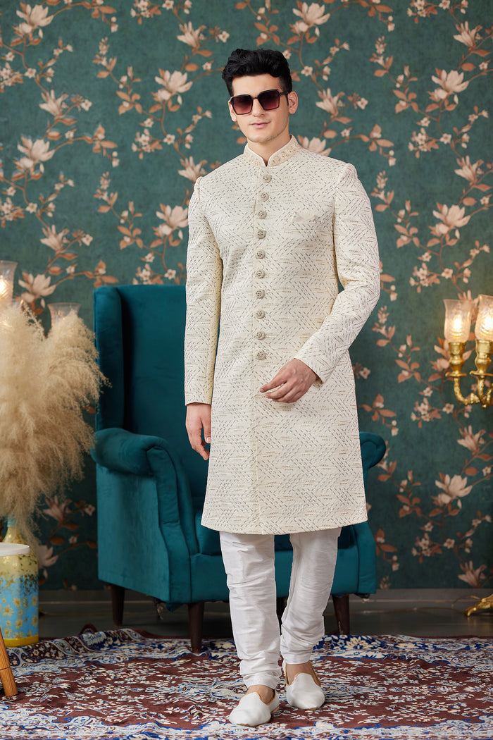 Soft Beige Art Silk Sherwani Set