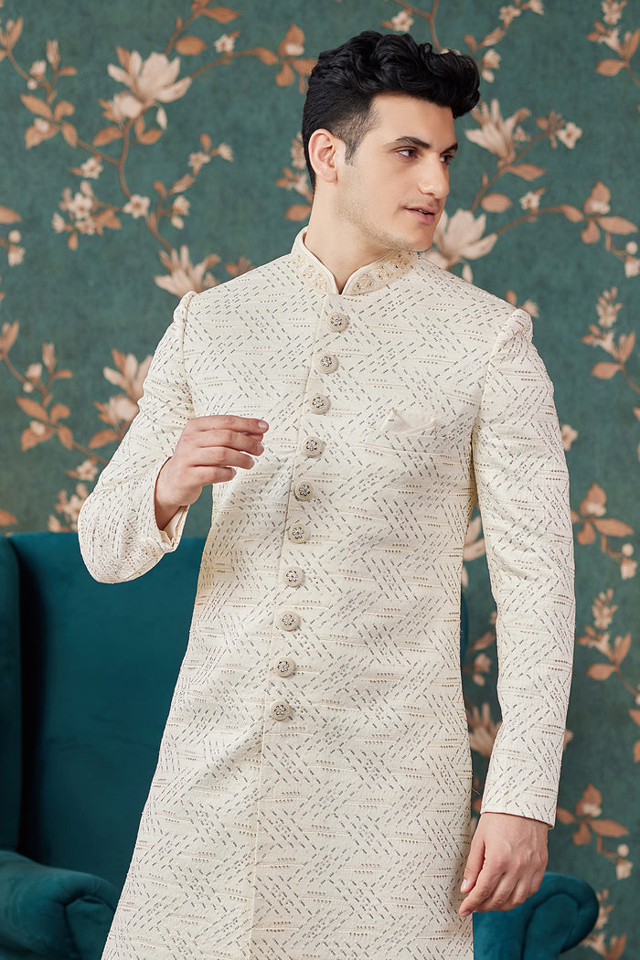Soft Beige Art Silk Sherwani Set