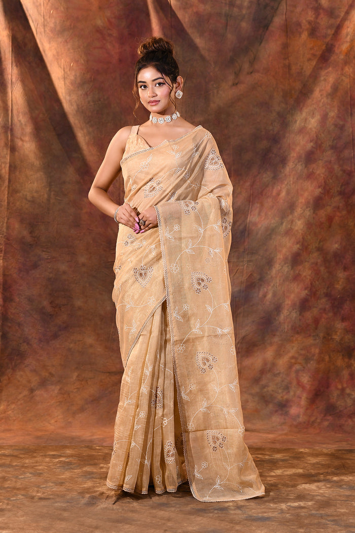 Soft Beige Floral Tissue Organza Saree