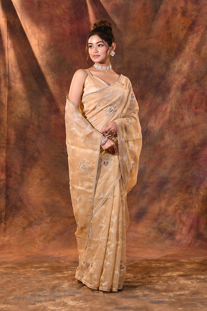 Soft Beige Floral Tissue Organza Saree