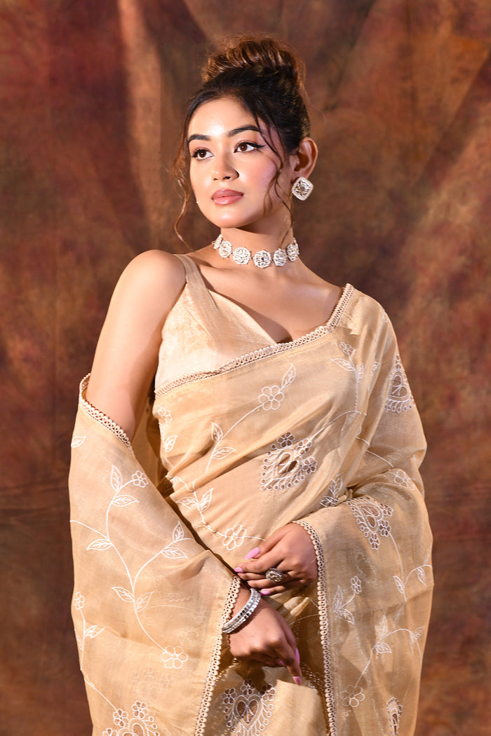 Soft Beige Floral Tissue Organza Saree