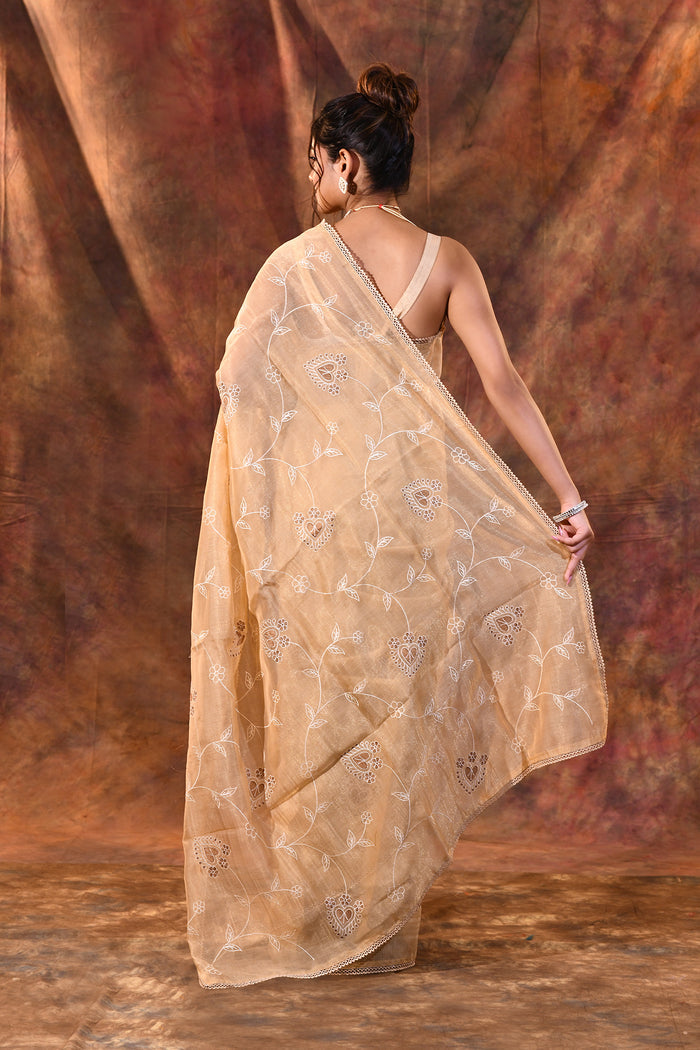 Soft Beige Floral Tissue Organza Saree