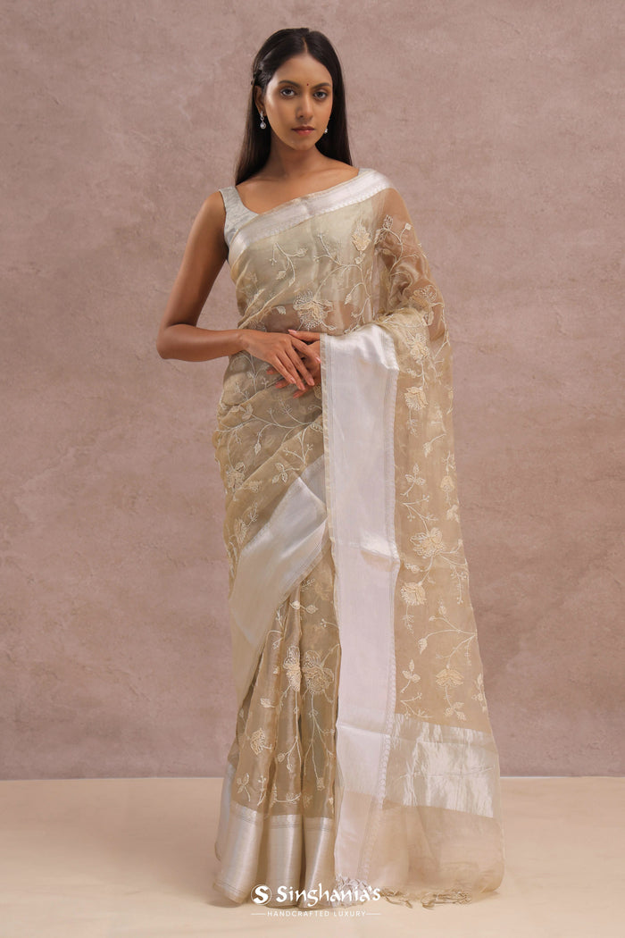 <img> Soft Beige Organza Embroidery Saree With Silver Zari Work