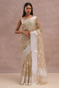 <img> Soft Beige Organza Embroidery Saree With Silver Zari Work