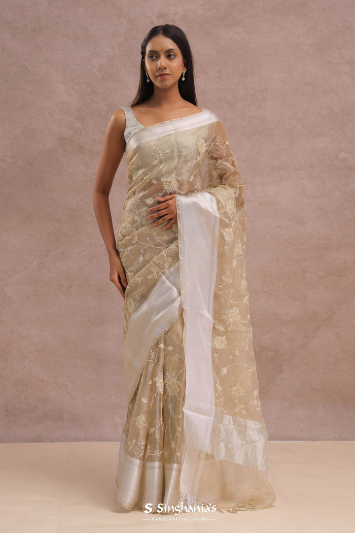 <img> Soft Beige Organza Embroidery Saree With Silver Zari Work