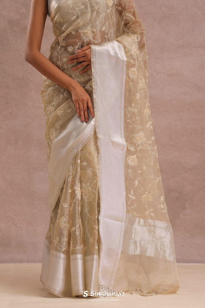 <img> Soft Beige Organza Embroidery Saree With Silver Zari Work
