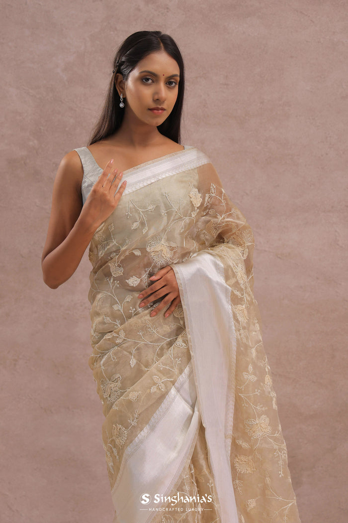 <img> Soft Beige Organza Embroidery Saree With Silver Zari Work