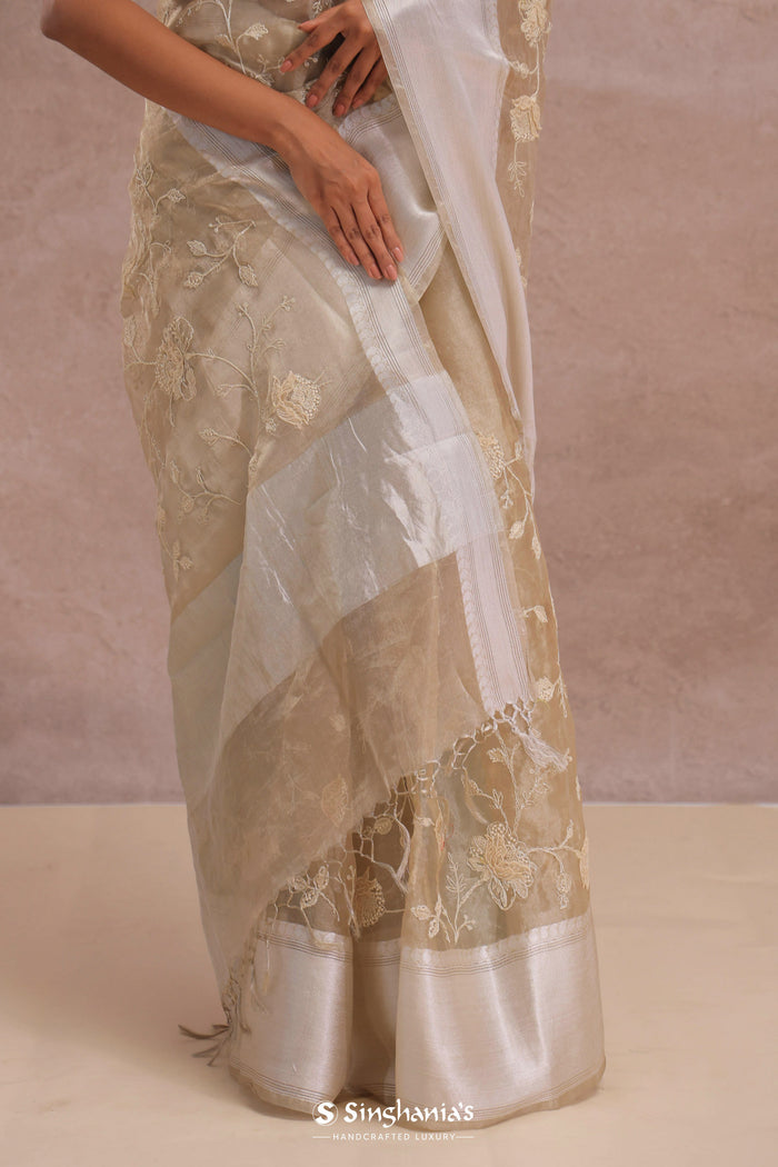 <img> Soft Beige Organza Embroidery Saree With Silver Zari Work