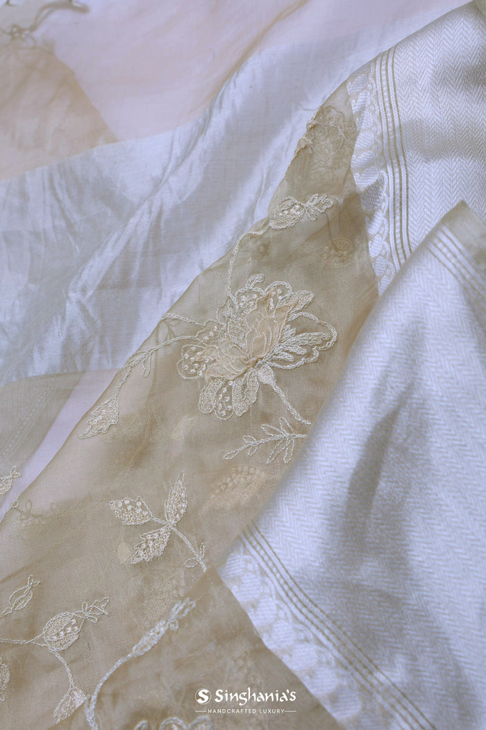 <img> Soft Beige Organza Embroidery Saree With Silver Zari Work