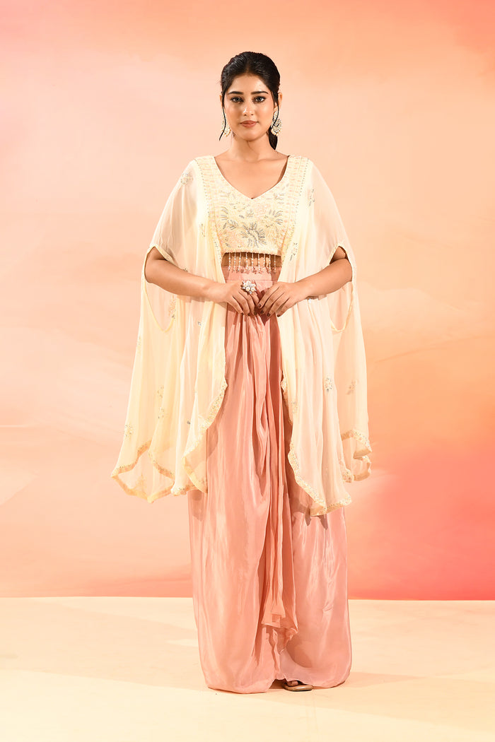 Soft Blush Floral Embroidered Organza Peplum Set
