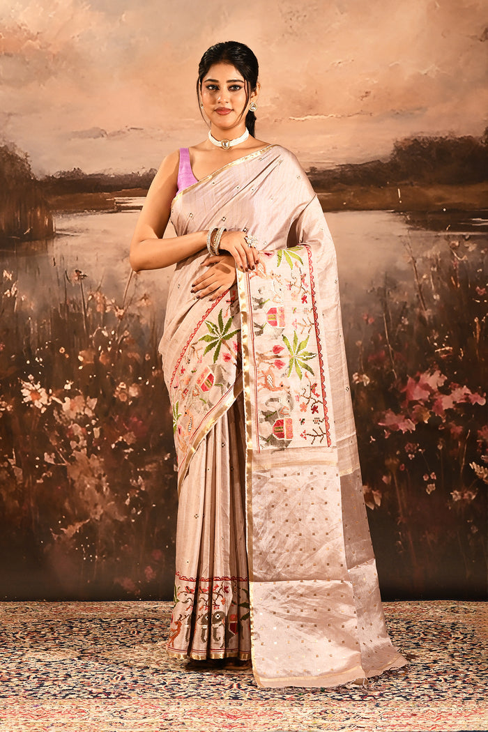 Soft Champagne With Paithani Style Elephant Motif Border Designer Saree