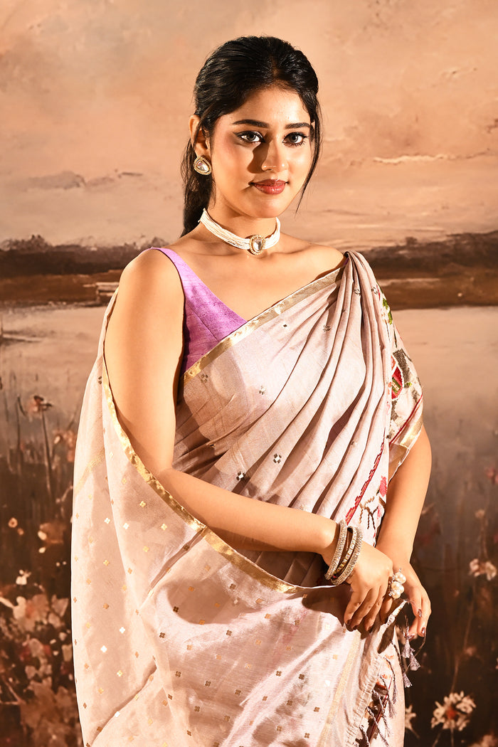 Soft Champagne With Paithani Style Elephant Motif Border Designer Saree