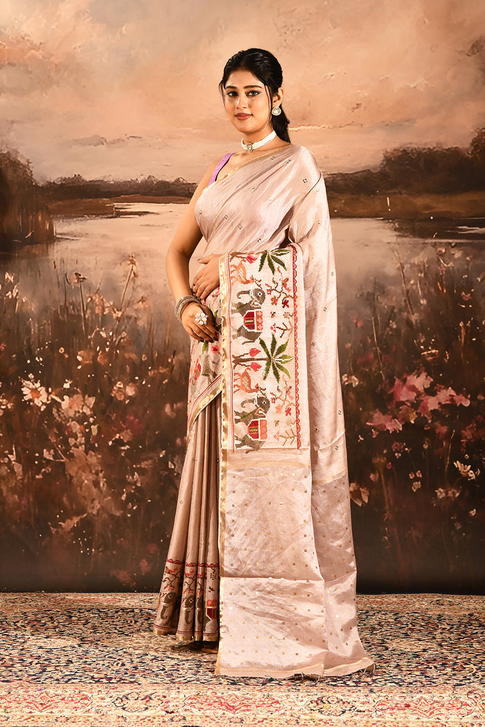 Soft Champagne With Paithani Style Elephant Motif Border Designer Saree