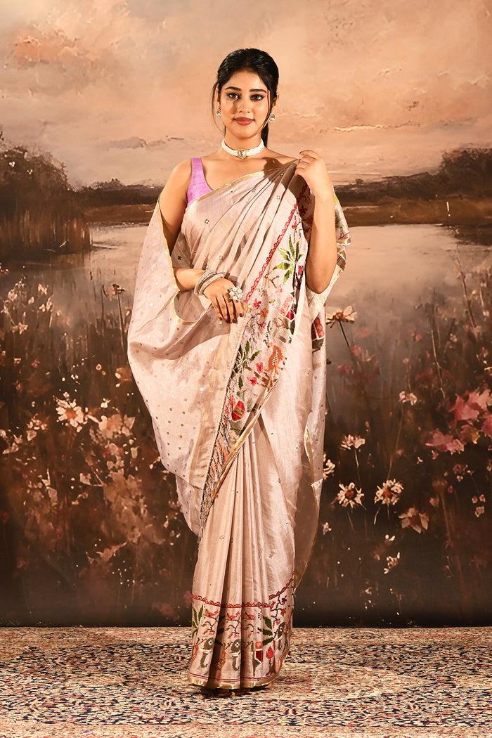 Soft Champagne With Paithani Style Elephant Motif Border Designer Saree