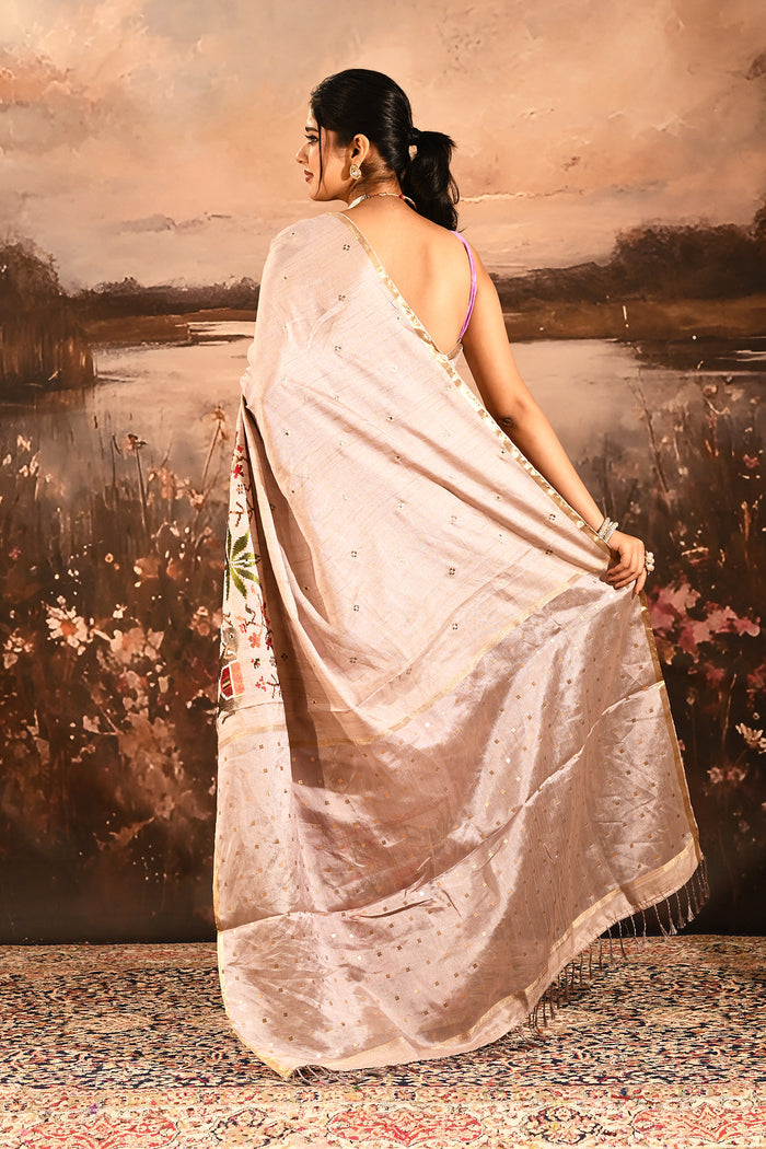 Soft Champagne With Paithani Style Elephant Motif Border Designer Saree