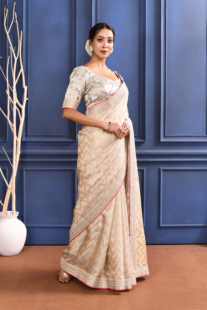 Soft Golden Embroidered Tissue Saree