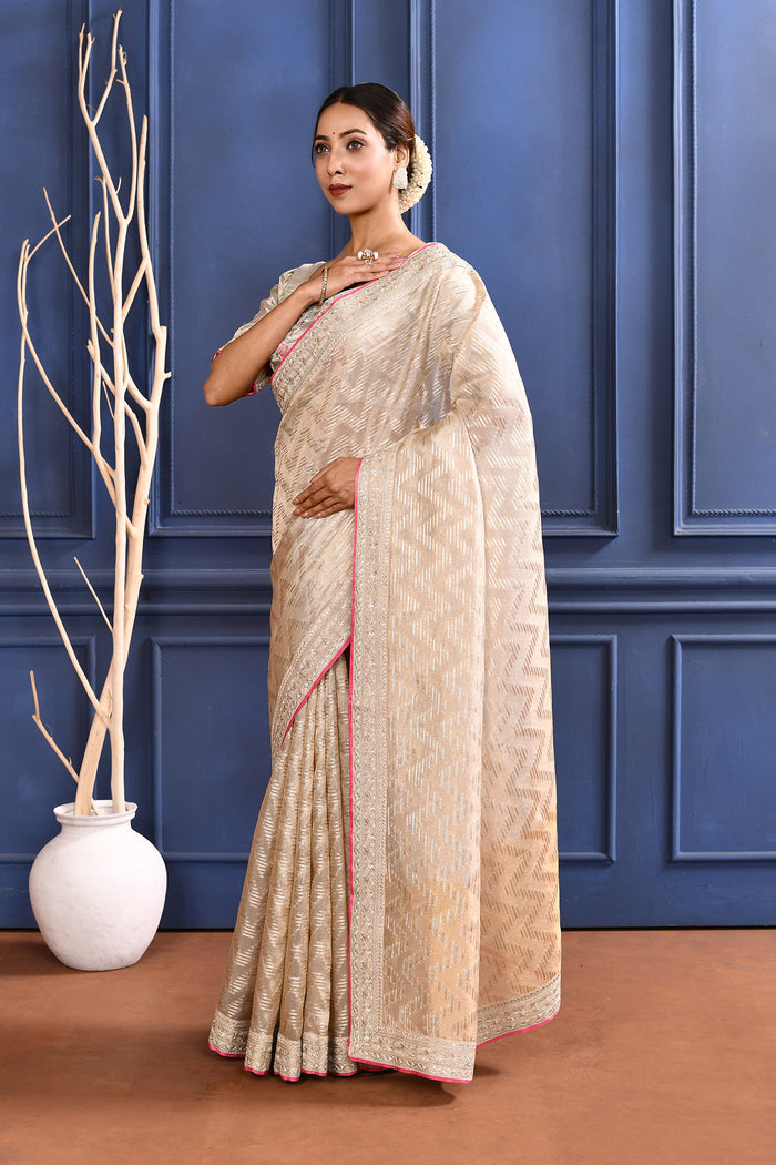 Soft Golden Embroidered Tissue Saree