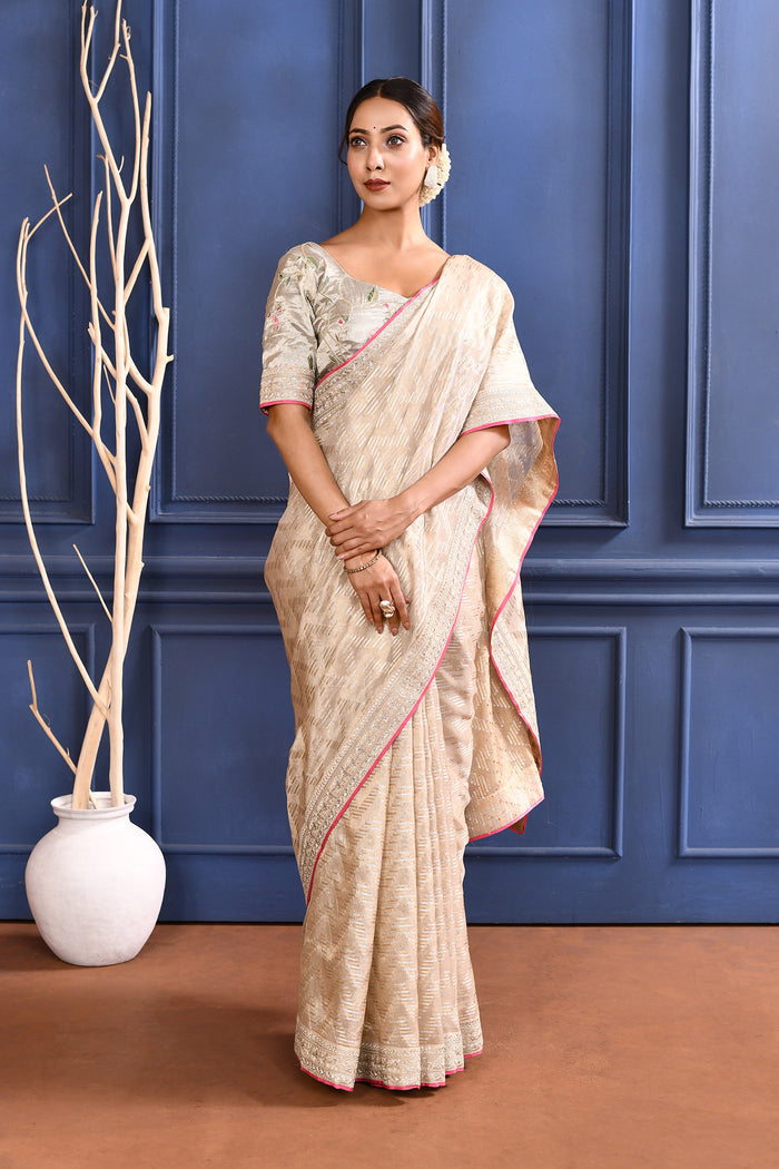 Soft Golden Embroidered Tissue Saree