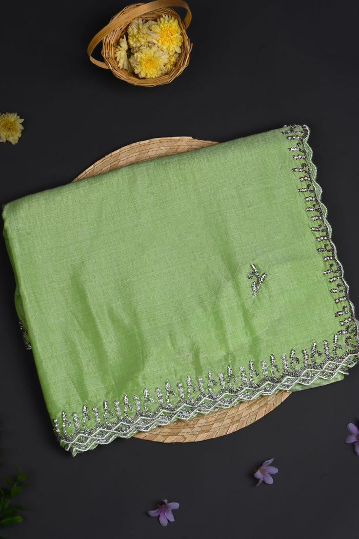 Soft Green Embroidered Cotton Saree